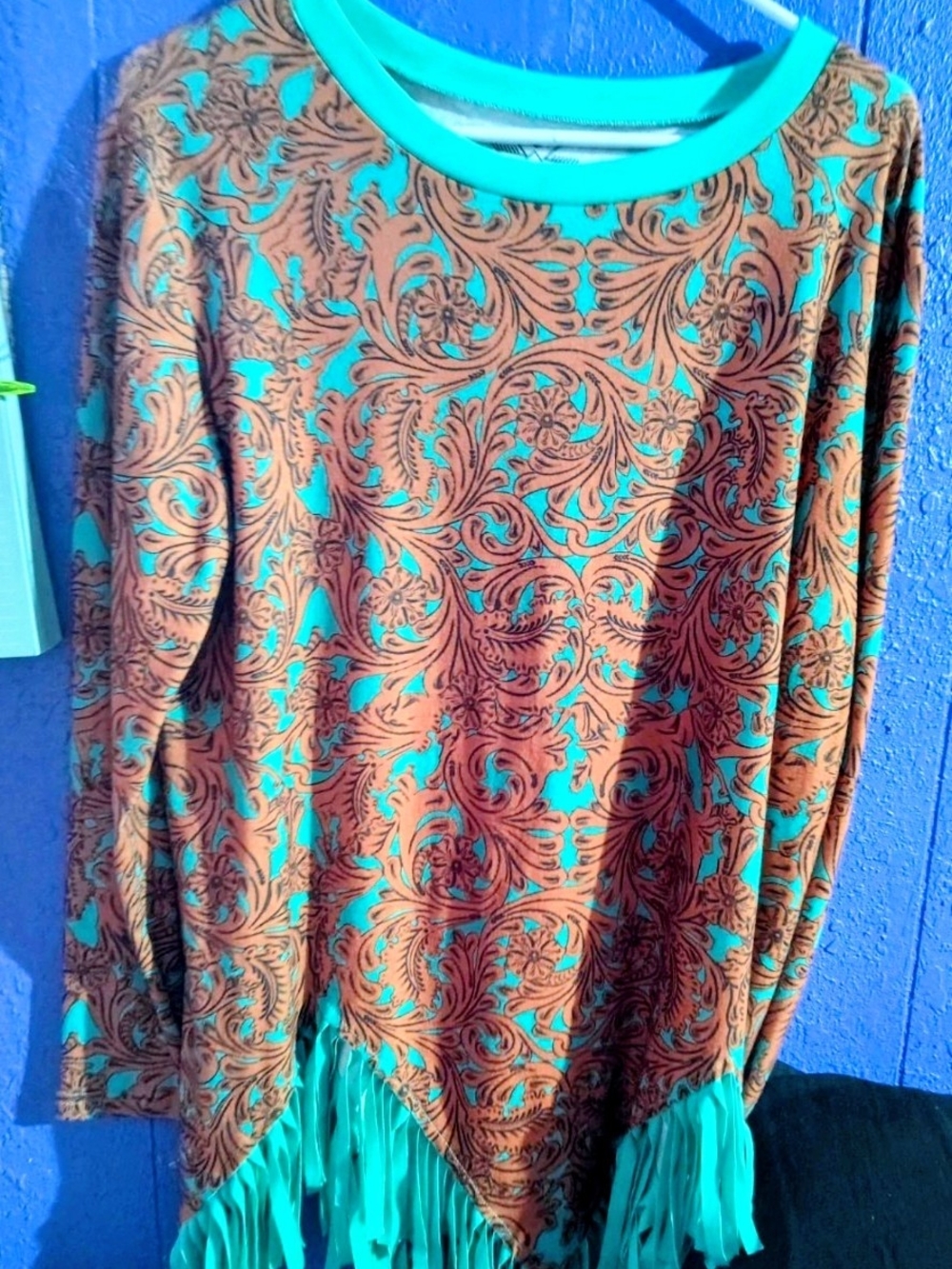 Crazy Train Turquoise & Brown Fringe Boho Sweatshirt